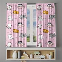 2pcs Cartoon Cat Pattern Blackout Thermal Curtains - 100% Polyester Machine Washable Rod Pocket Curtains, Suitable For Bedroom, Living Room, Kitchen And Balcony Modern Home Decor (Rod Not Included), Light-Filtering Design, Fun Style - C - View 2