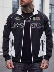 Men's Colorblock Racing Pattern Jacket, Zipper Stand Collar Long Sleeve Outerwear, Suitable For Casual Street Style, Racing Jacket, Daily Wear And Outdoor Activities - Black - View 11