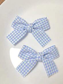 2pcs Plaid Bow Cute Hair Clips - Blue and White - View 1