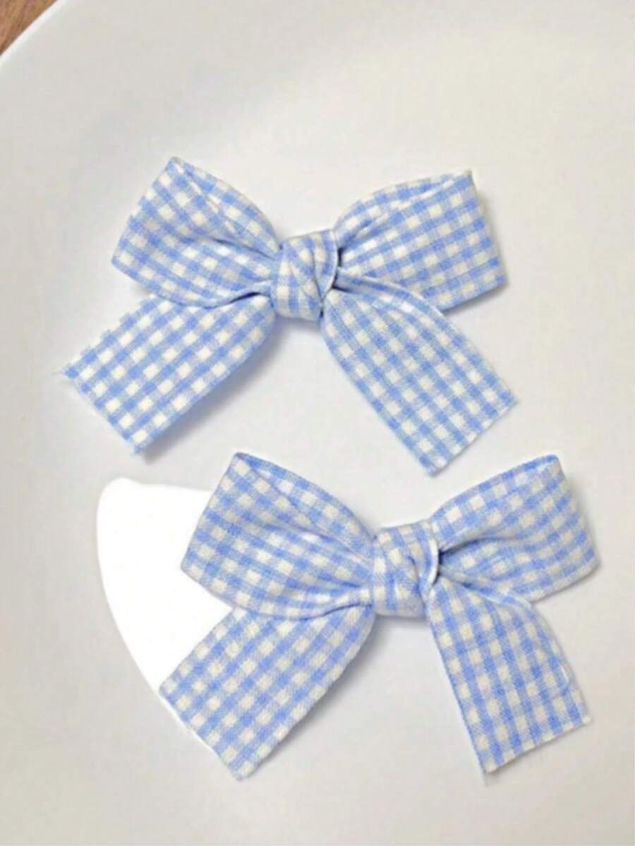 2pcs Plaid Bow Cute Hair Clips - Blue and White - View 1