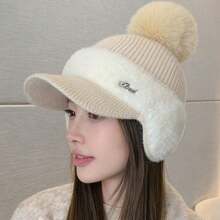 20pcs Winter Patchwork Mink Fur Earflap Rabbit Fur Baseball Cap, Solid Color Minimalist Pom Pom Knit Hat, Outdoor Sports Warm Hat - Multicolor - View 4