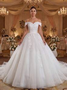 French Style Off-Shoulder Wedding Dress, Solid Color Tulle Lace Sequin Train Princess Gown, Back Lace-Up Slimming Bridal Wedding Dress - White - View 3