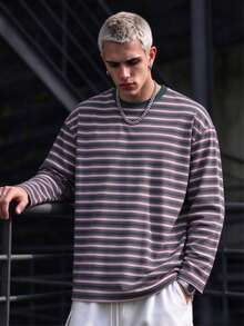 Simple Studio | Men's Casual Street Style Striped Digital Print Minimalist Versatile Crew Neck Long Sleeve T-Shirt - Red Violet - View 2