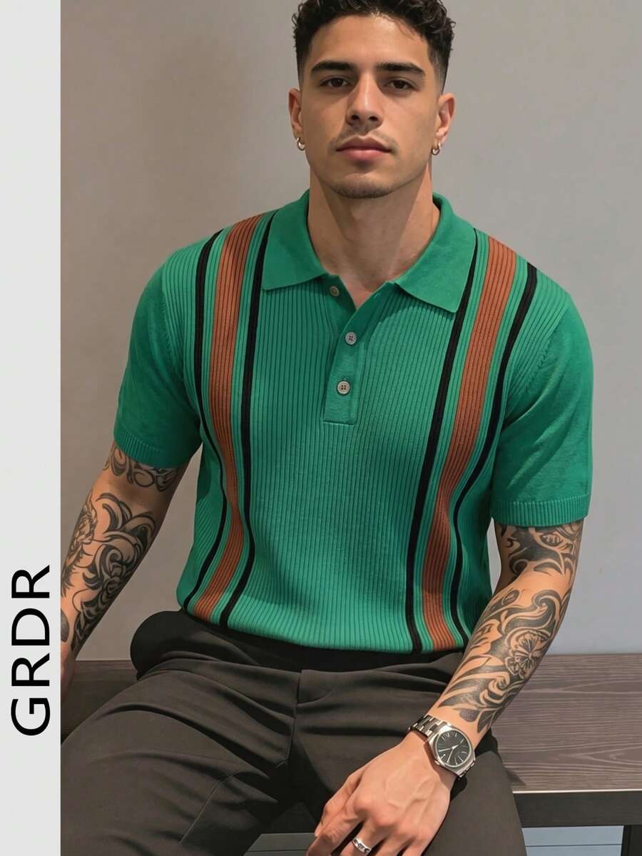 GRDR Men's Collared Striped Casual Minimalist Fashion Knit Short Sleeve T-Shirt Top - Comfortable Daily Wear For Outings And Travel