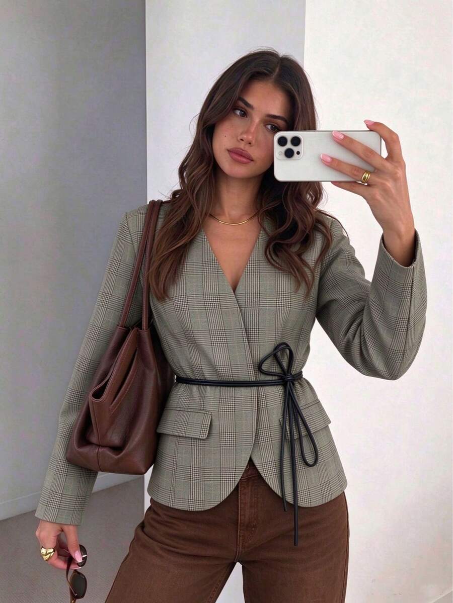 Fashion Women's Short V-Neck Plaid Blazer With Belt Design, Long Sleeve Autumn Coat