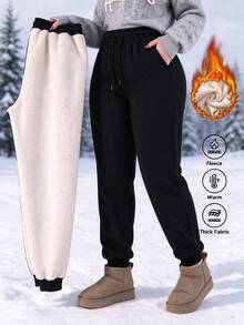 Women's Solid Color Drawstring Thermal Lined Long Pants, Thick Comfortable Cuffed Leg Pants, Suitable For Autumn/Winter Outdoor Activities And Daily Wear - Black - View 2