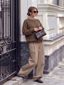 Women's Crew Neck Dropped Shoulder Loose Silhouette Sweatshirt, Casual Long Sleeve Basic Top For Autumn - Brown - View 4