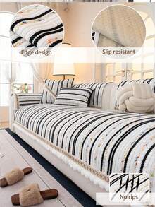 1pc Bohemian Style Striped Geometric Jacquard Sofa Cover, Skin-Friendly Pet-Friendly Scratch-Resistant Sofa Protector, Machine Washable Universal Furniture Cover, Suitable For 1/2/3/4 Seater Sofa - Black - View 1