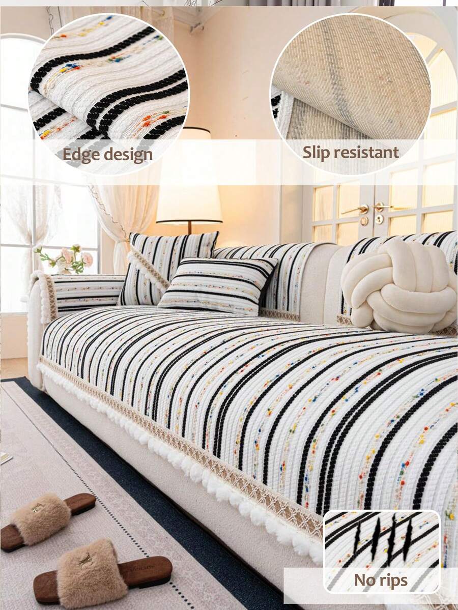 1pc Bohemian Style Striped Geometric Jacquard Sofa Cover, Skin-Friendly Pet-Friendly Scratch-Resistant Sofa Protector, Machine Washable Universal Furniture Cover, Suitable For 1/2/3/4 Seater Sofa - Black - View 1
