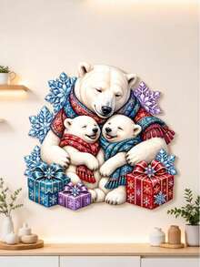1pc Winter Polar Bear Metal Decorative Hanging Sign, Three Polar Bears Wearing Scarves Surrounding Gift Box, Suitable For Front Door, Living Room, Staircase Wall - Polar Bear - View 10