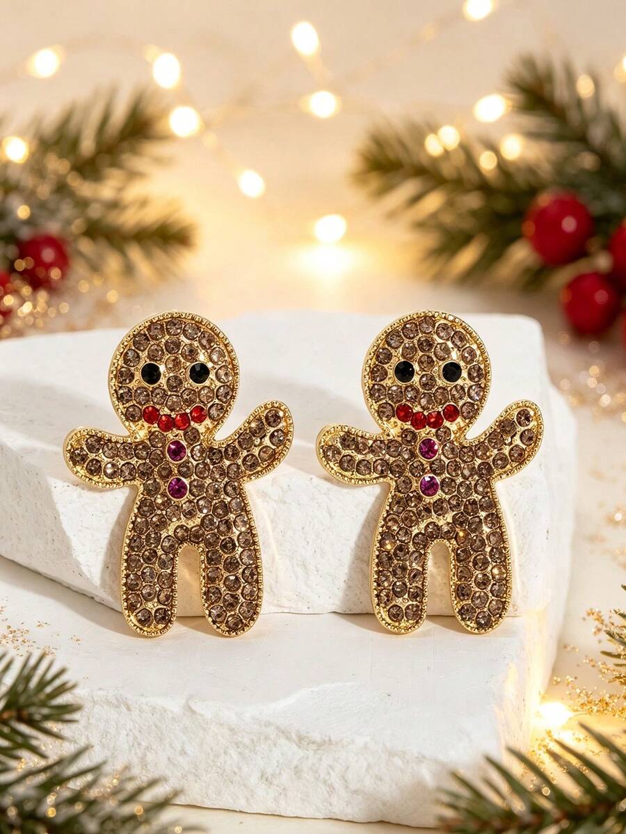 1 Pair Fashionable High-End Elegant Cute Creative Rhinestone Full Crystal Gingerbread Man Christmas Stud Earrings, Suitable For Christmas Party Wear, Gift For Friends - Camel - View 1