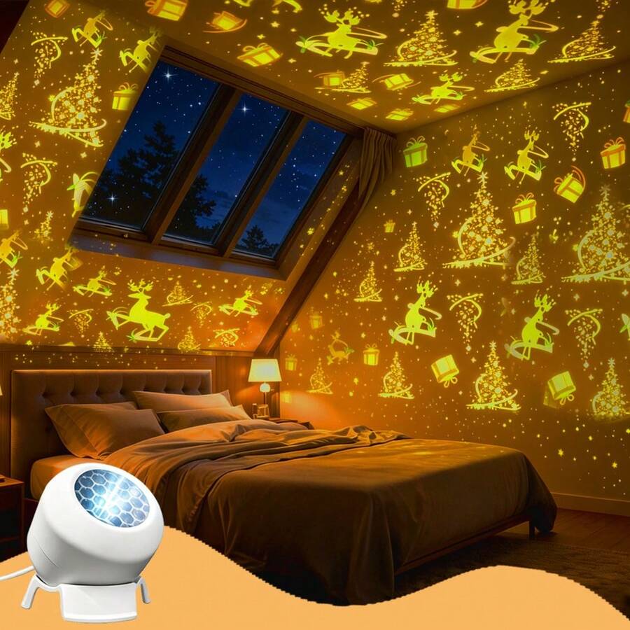 Christmas Deer Theme Dynamic Projection Light, Reindeer Element Night Light; USB Plug-In Use, 360° Rotating Dreamy Light And Shadow, Soft Light Not Glaring, Suitable For Camping, RV, Bedroom, Living Room, Birthday Party, Great Gift - USB Indoor Ambient Projection Night Light - View 1