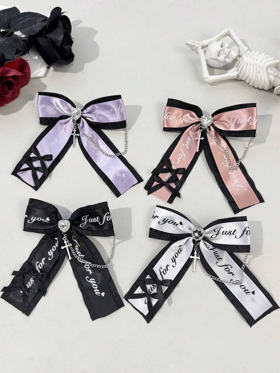 1pc Sweet Cool Letter Webbing Bow Hair Clip, Vintage Cross Chain Ribbon Hair Accessory, Cosplay Party Photo Prop - Multicolor - View 1