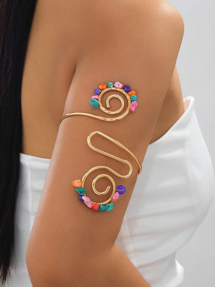 1pc Personalized Fashion Summer Bohemian Style Oversized Exaggerated Curved Handmade Woven Dopamine Colorful Stone Women's Arm Cuff - Multicolor - View 1