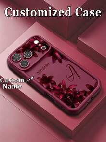 Custom Name Letter Phone Case, Lily Frame Pattern TPU Thickened Full Coverage Shockproof Silicone Lens Protection Shell, Suitable For 16Pro/15 - Burgundy - View 1