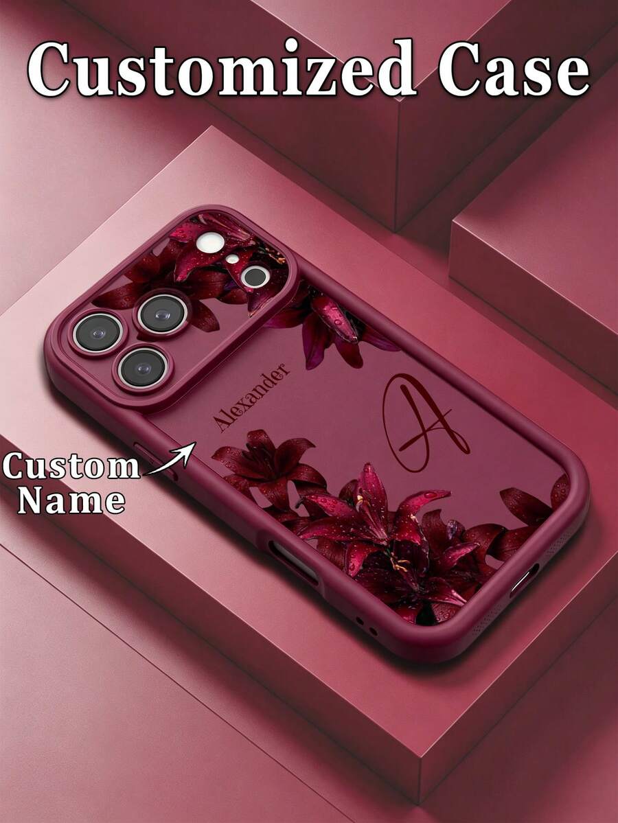 Custom Name Letter Phone Case, Lily Frame Pattern TPU Thickened Full Coverage Shockproof Silicone Lens Protection Shell, Suitable For 16Pro/15 - Burgundy - View 1