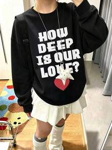 Slogan Niche SEBERAPA DALAM CINTA KITA? Sweatshirt Motif Hati Wanita, Potongan Longgar, Ramping, Leher Bulat, Lengan Panjang, Musim Gugur/Dingin - Hitam - View 6