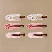 3/6pcs Cute Sweet Style Pink Seamless Crocodile Hair Clips, Gentle Girl Floral Polka Dot Side Bang Clips, Rhinestone Bow Hair Clips For Women - Pink - View 1