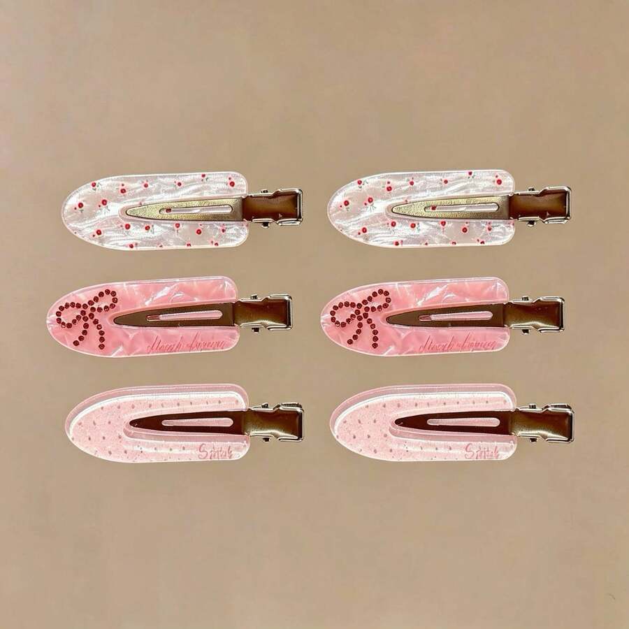 3/6pcs Cute Sweet Style Pink Seamless Crocodile Hair Clips, Gentle Girl Floral Polka Dot Side Bang Clips, Rhinestone Bow Hair Clips For Women - Pink - View 1
