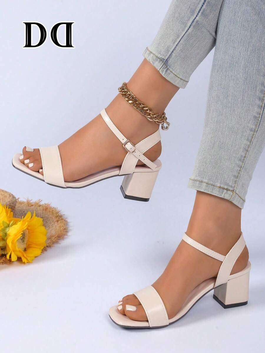 Meng Jie Women's Square Toe Chunky Heel Sandals, Single Strap Ankle Buckle Open Toe High Heel Sandals, Beige Solid Color Lightweight Shoes, Suitable For Party And Date - Beige - View 1