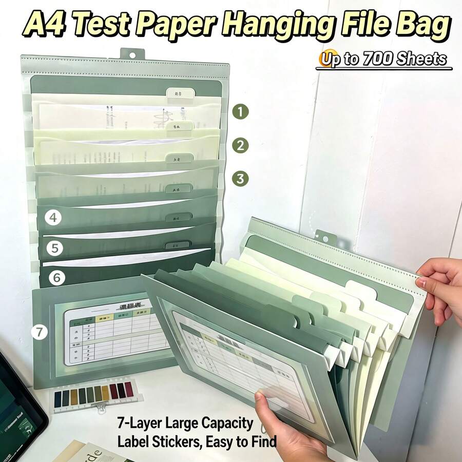 A4 Hanging File Pocket, Wall-Mounted File Organizer, 7-Tier Test Paper ...
