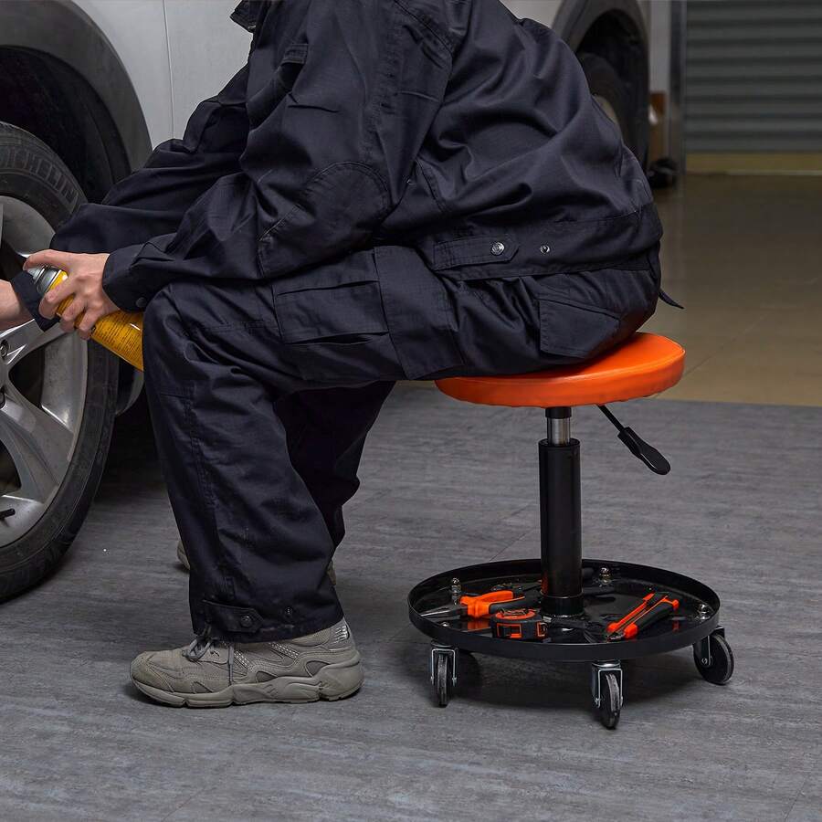 Mechanic Stool, 250 LBS Rolling Pneumatic Creeper Garage/Shop Seat, Adjustable Height 22 In-28 In Padded Rolling Workshop Stool With Tool Tray, For Garage, Shop, Auto Repair, Black+Orange - 250 Lbs, Black+Orange - View 1