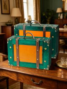 2Pcs Vintage Wooden Storage Trunk Set, Decorative Antique Treasure Chest With PU Leather Strap, Retro Wooden Box For Home Decor Photo Prop Keepsake Organizer - Multicolor - View 2