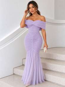 ChicMe Vestido largo maxi de mujer con hombros descubiertos y fruncido, sin mangas, con bajo de sirena, estilo ajustado, elegante para fiesta de cóctel - Lila Púrpura - Ver 5
