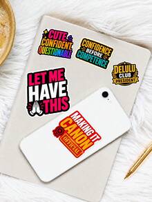 50Pcs PP If Sobriety Can't Fix It, Rely On Confidence Journal Stickers, Positive Self-Encouragement Theme Design, Hand-Drawn Motifs Of Slogans, Text Bubbles, Stars And Shields, For Bike, Books, Desktop Organizer, Document Box Decoration - Multicolor - View 6