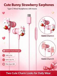 1pc Pink Rabbit Jewelry Wired Headset, Fully Compatible With Type-C/3.5MM, Full In-Ear DIY Cute Accessories, Built-In Volume Control And Microphone, High-Definition Call Mobile Phone Headset, Cute Gifts, Suitable For Music, Learning And Games - View 2