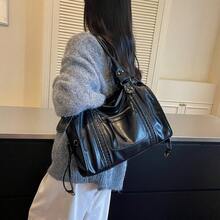 Solid Color Minimalist Woven Tote Bag, Capacity Travel Storage, Dual Straps, Retro Aesthetic American Motorcycle Style For Daily Work School Trips - Black - View 3