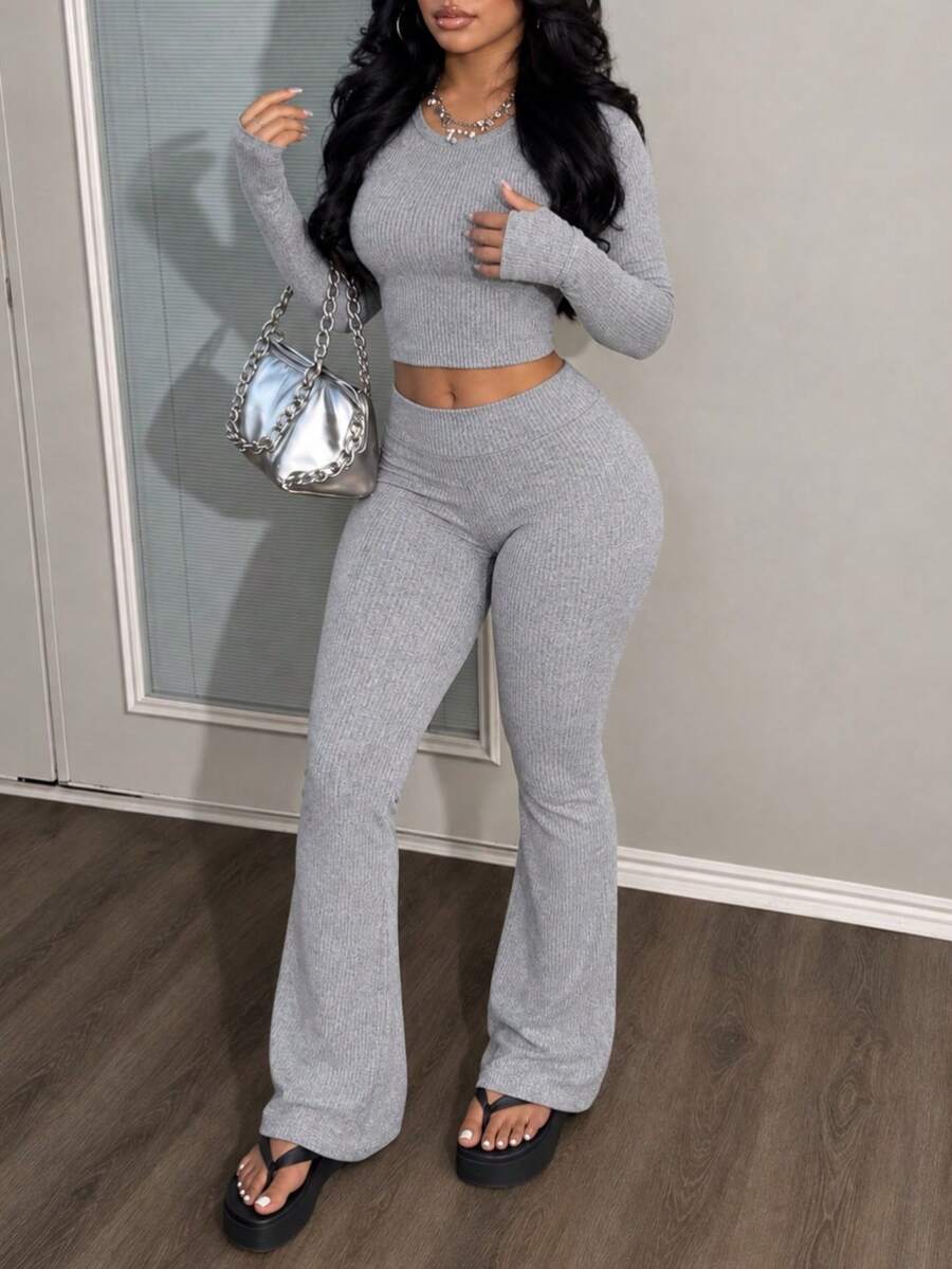Winter Knit Grey Casual 2 Pieces Set Long Sleeve Going Out Pants Set Flowy Pants Everyday Loungewear Women - Grey - View 1