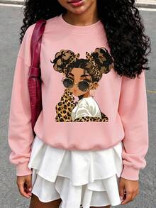 Tween Girl Crewneck Sweatshirt, Leopard Print Bow Double Bun Girl Graphic Print, Casual Long Sleeve Top For Girls Spring Fall School Wear. - Pink - View 8