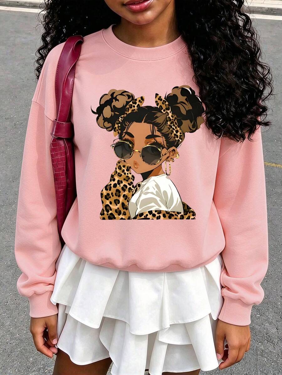 Tween Girl Crewneck Sweatshirt, Leopard Print Bow Double Bun Girl Graphic Print, Casual Long Sleeve Top For Girls Spring Fall School Wear. - Pink - View 1