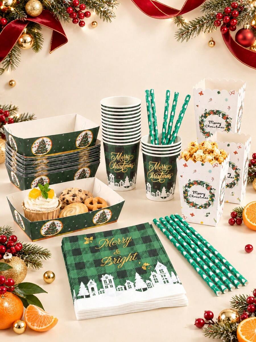 24pcs Christmas Disposable Tableware Set (Includes Paper Cups, Napkins ...