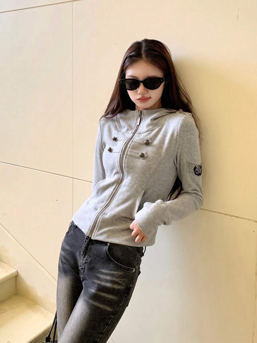 Korean Style Slim Fit Napoleon Long Sleeve Zip-Up Sweatshirt - Grey - View 1