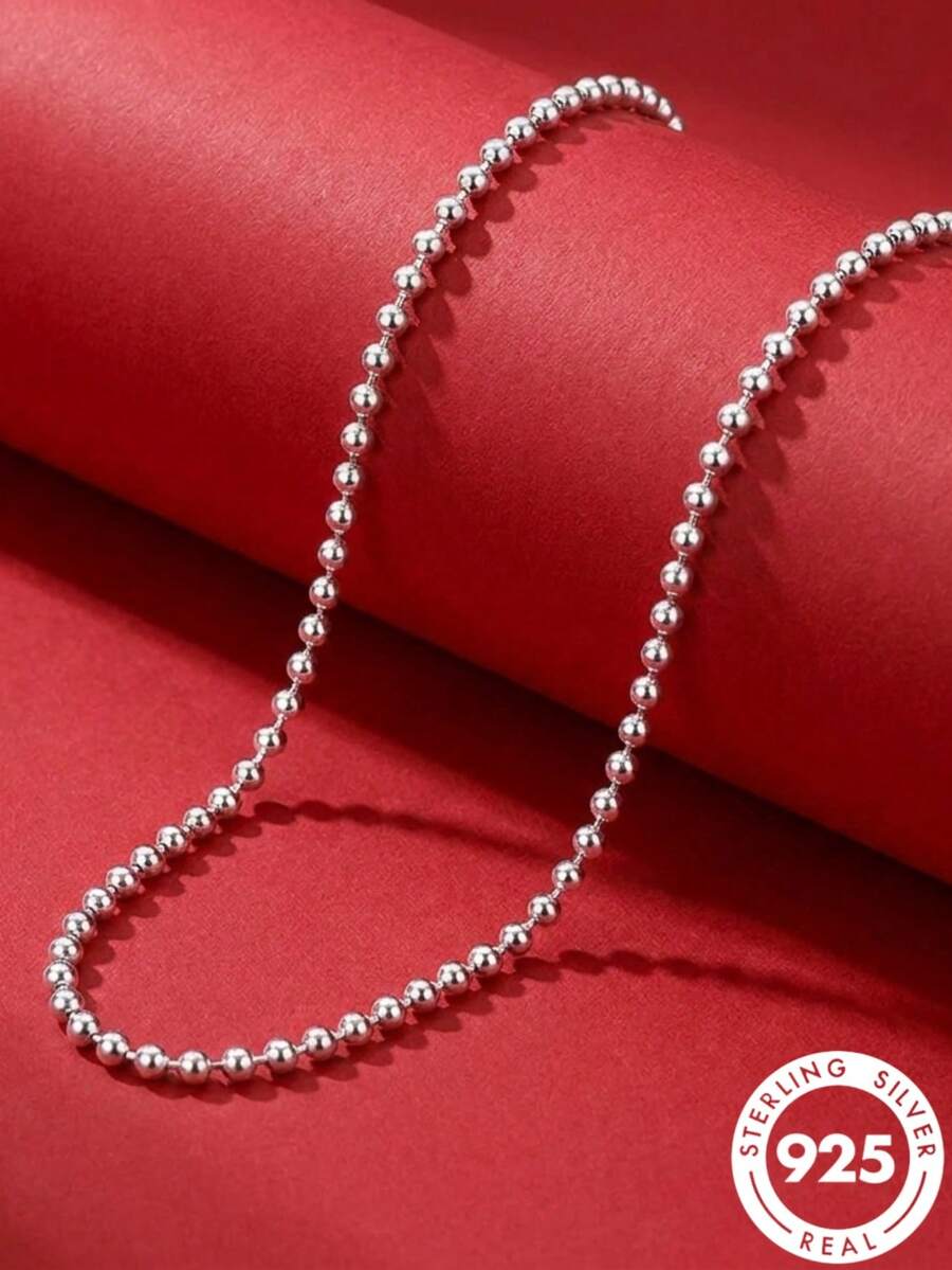 1pc S925 Sterling Silver Round Bead Necklace, Thick Chain, Durable, Unisex