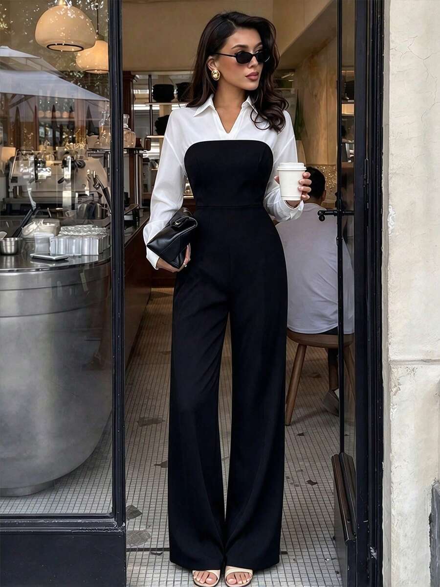 Fashionable Women's Woven Fabric Jumpsuit, Long Sleeve With Collar, Elegant Wide Leg Design, Suitable For All Seasons, No Belt - Black - View 1