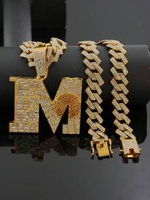 1pc Hip Hop 3D Daisy Letter M Pendant Necklace, Full Rhinestone Cuban Chain, Men's Necklace Daily Rap Performance Exaggerated Eye-Catching Accessory - M Pendant Necklace - View 5