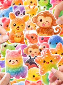 50Pcs Candy Cute Animal Stickers, Soft Rainbow Jelly Style, Including Bears, Rabbits, Little Lions, Little Tigers, Starfish, Hearts And Stars Elements, For Journal Collage, Water Bottle, Luggage, Tablet, Notebook, Storage Box, DIY Craft Decoration - Multicolor - View 2