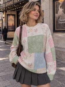 Women Pastel Patchwork Print Knit Sweater, Floral Check Long Sleeve Crew Neck Pullover, Soft Cozy Cottagecore Jumper, Fall Winter Outfit For Women - Off White - View 7