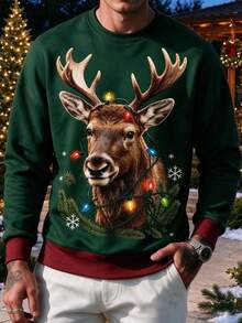 Men's Thick Christmas Reindeer Colorful Light Print Crew Neck Drop Shoulder Sweatshirt - Multicolor - View 1