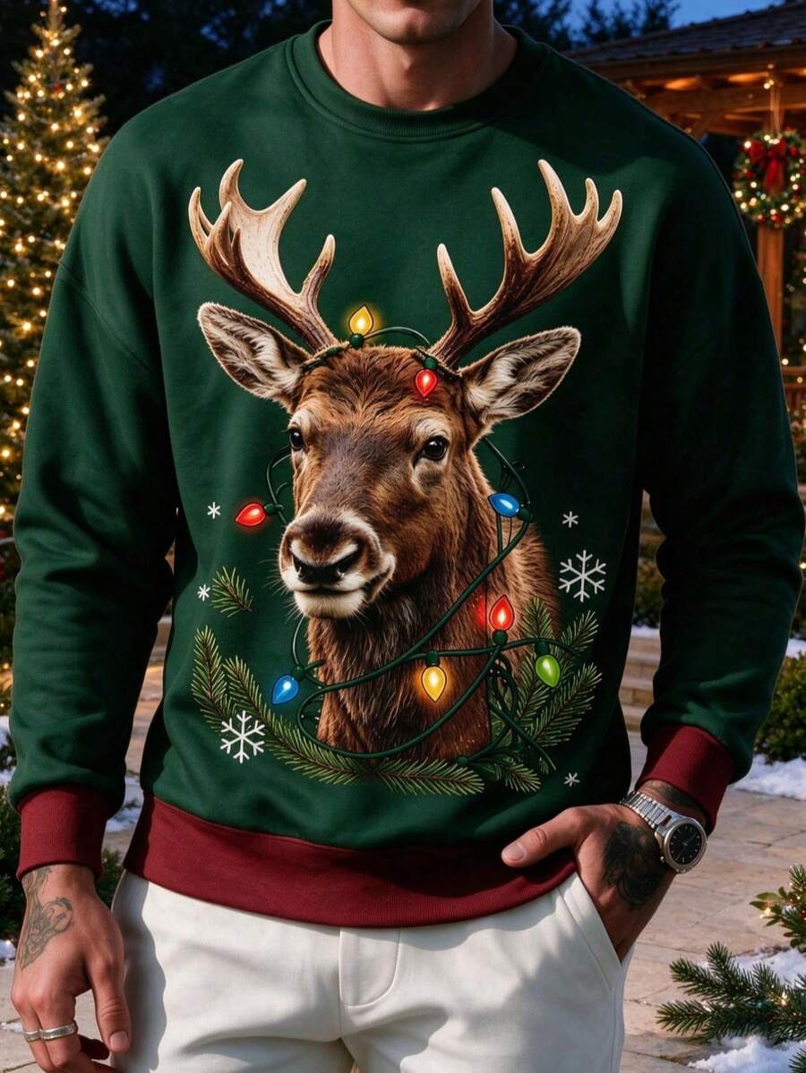 Men's Thick Christmas Reindeer Colorful Light Print Crew Neck Drop Shoulder Sweatshirt - Multicolor - View 1