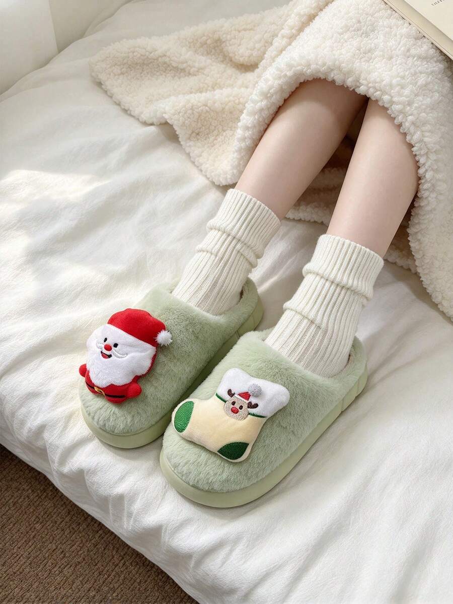 Ladies' Christmas Slippers With 3D Santa Claus And Reindeer Socks, Plush Lining For Warmth, Thick Sole, Indoor Christmas Gift - Style F-green - View 1