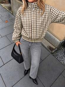 女款秋冬復古格紋立領短版夾克 半拉鍊鈕扣長袖彈性下擺休閒街頭日常外套 - 彩色 - 查看 7