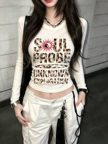 New Gen Z Y2K Cropped Long Sleeve T-Shirt Women Design Leopard Print English Letter Graphic Spring Autumn Korean Style Crew Neck Versatile Casual Slim Fit Top - White - View 3