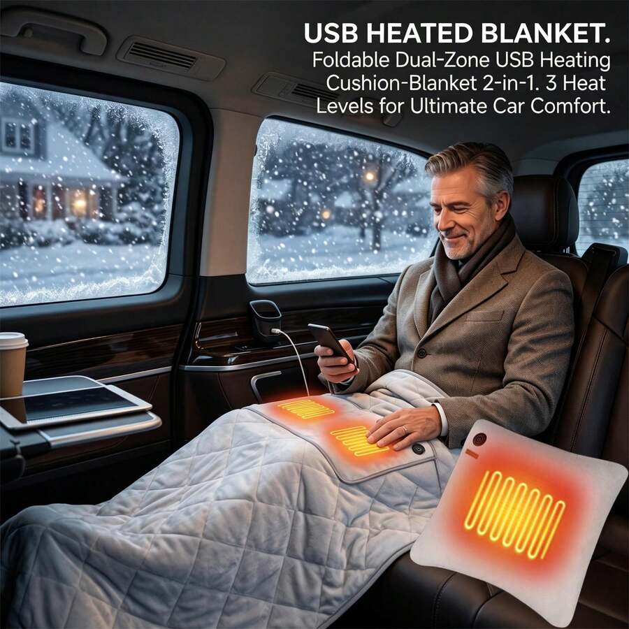 1pc Winter 2-In-1 USB Low Power Large 2-Zone Car Heating Pillow Heating Blanket, Foldable Heating Cushion, 3-Level Temperature Control, Portable Warm Pad For Car, Home And Office, Christmas Gift (Power Bank Not Included)