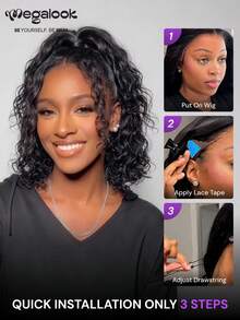 MEGALOOK Bob Wigs Water Wave Natural Black 13x5 Lace Frontal Wig 250% Density Transparent Lace 100% Human Hair Glueless Wig With Drawstring Pre-Bleached Roots Pre-Plucked Hairline Beginner Friendly - SNatural - View 8