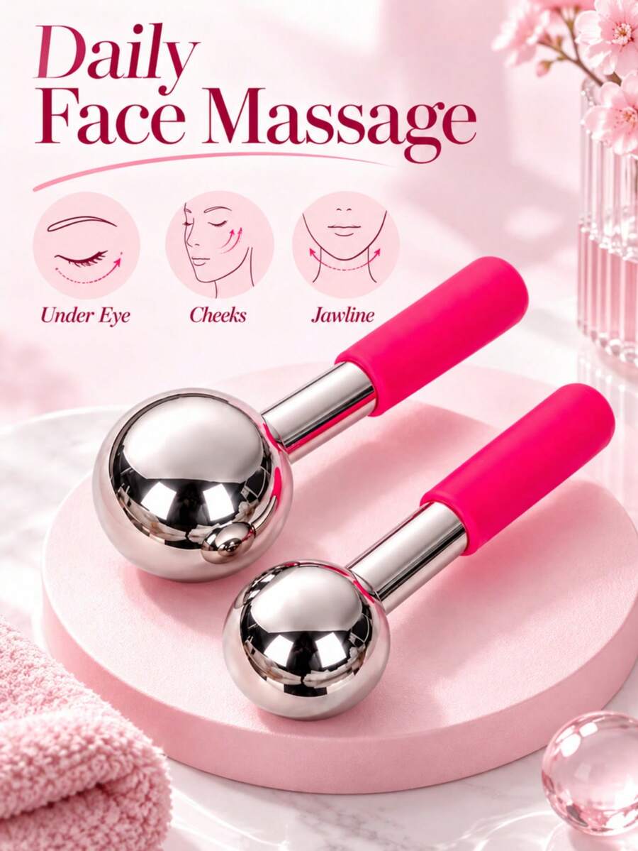 Stainless Steel Ice Facial Massage Balls, Pink Handle, Cold & Hot ...