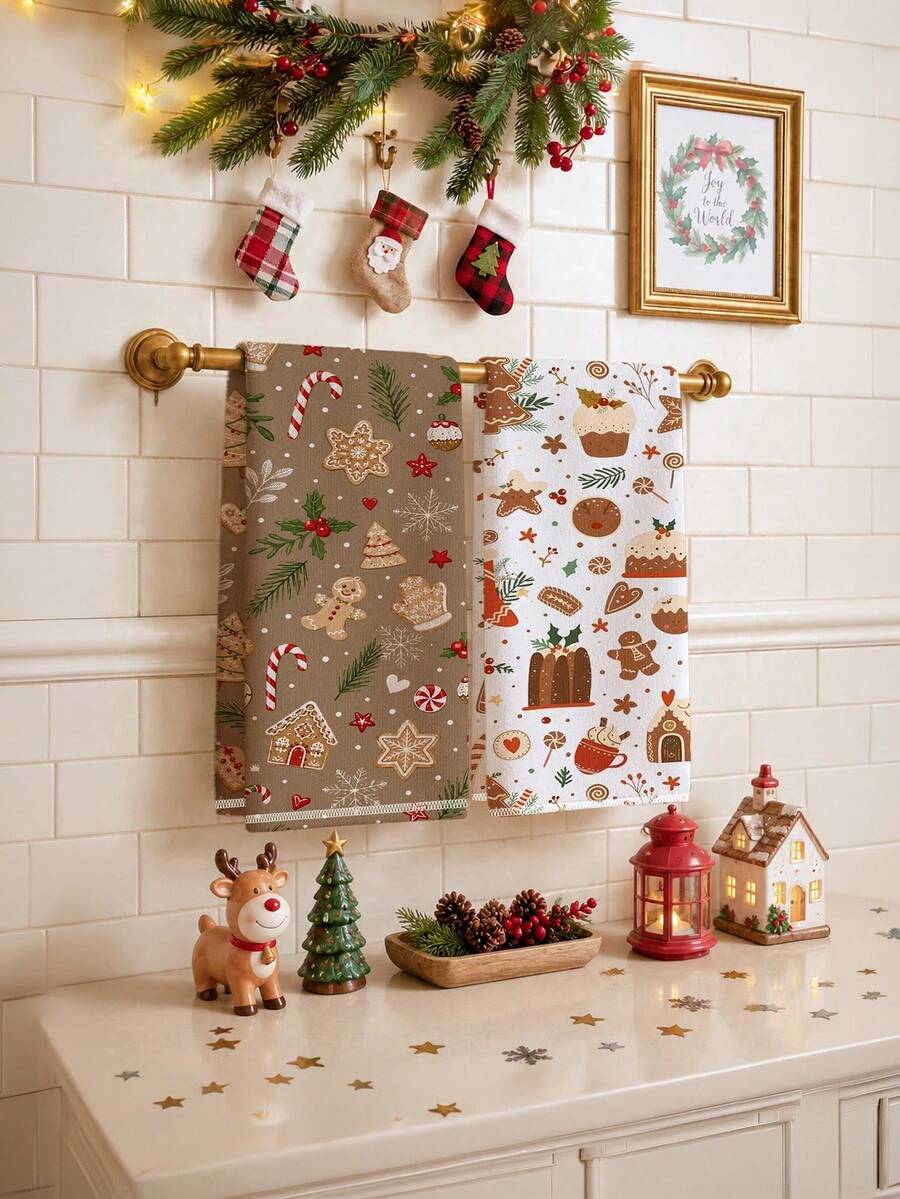 2pcs Christmas Gingerbread Man Cake Pattern Kitchen Towels, Soft Polyester Dish Cloths, Suitable For Kitchen Decor, Kitchen Cleaning, Holiday Party Decoration, Kitchen Bathroom Supplies Home Essentials, Home Decor, Housewarming Gift - Coffee Brown - View 1
